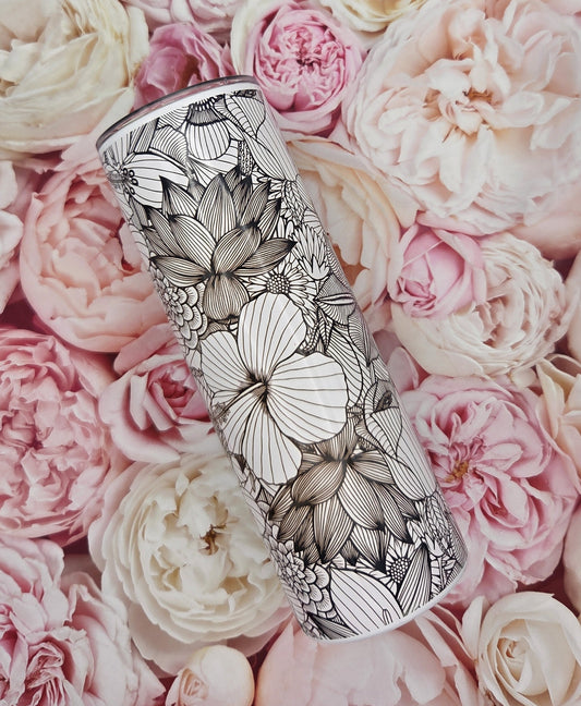 Black and White floral themed Steel Tumbler