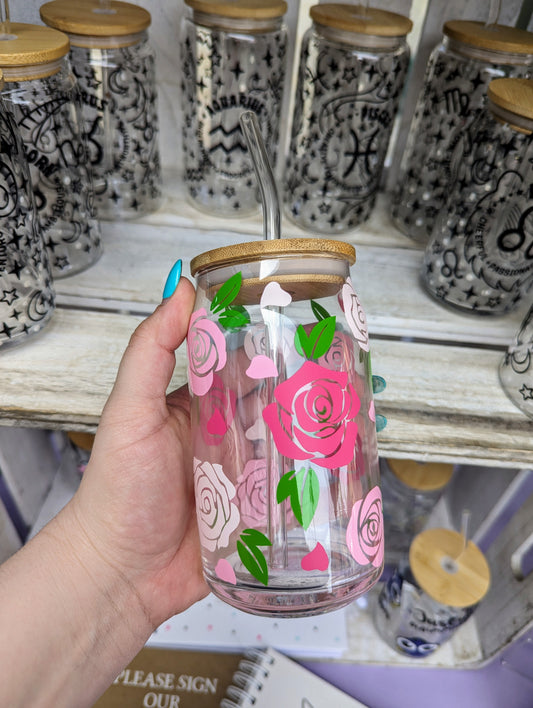 Rose themed bamboo glass can