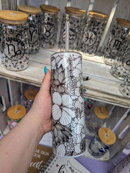 Black and White floral themed Steel Tumbler