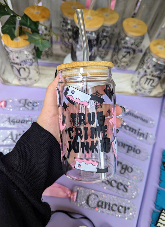 True Crime themed bamboo glass can